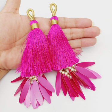Fuchsia Pink Tassels With Long Sequins And Seed Pearl Beads, Beaded Thread Tassel Charms, 2 Pcs